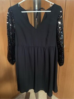 Joe Fresh Black Long Sleeve Sequin-Sleeve V-Neck Dress